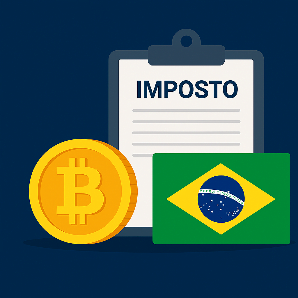 Guia visual para declarar imposto sobre criptomoedas no Brasil com ícone de Bitcoin e bandeira brasileira