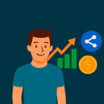 Ilustração de um jovem sorridente com gráficos de crescimento, ícone de compartilhamento e símbolo de dinheiro, representando conceitos de finanças descentralizadas (DeFi).