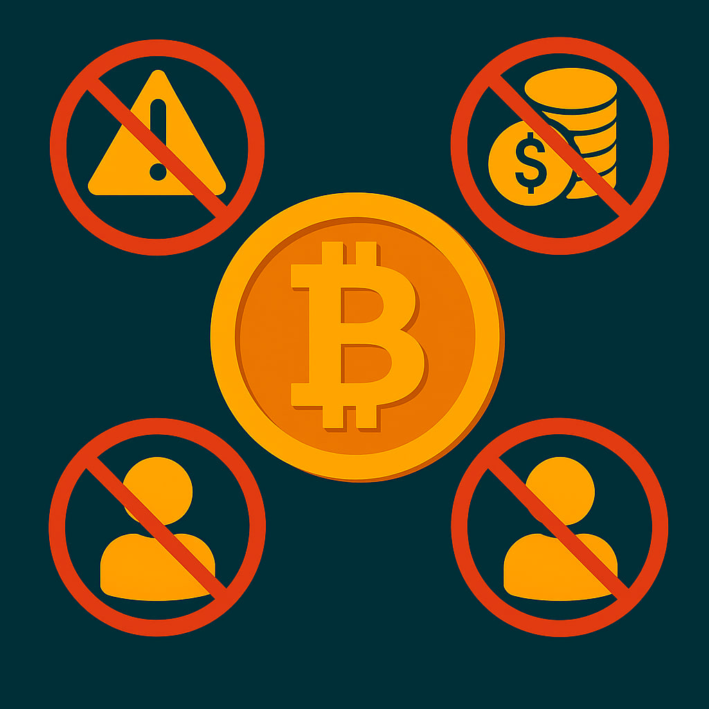 Ícones ilustrativos em estilo flat mostrando erros comuns no universo das criptomoedas, como alertas, más decisões financeiras e falta de conhecimento.