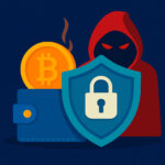 Imagem digital com ícones de segurança, uma carteira de criptomoedas, símbolo do Bitcoin, um escudo com cadeado e uma figura encapuzada, representando golpes virtuais.