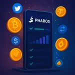 Ilustração digital de um dashboard cripto no celular com logo da Pharos Network, moedas flutuantes e ícones de tarefas concluídas.