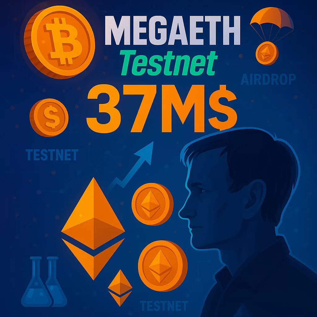 Ilustração digital futurista com logo MegaETH, Vitalik Buterin, ícones de criptomoedas e elementos de testnet.