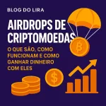 Imagem ilustrativa representando airdrops de criptomoedas com ícones como Bitcoin, gráficos e um paraquedas entregando moedas digitais.
